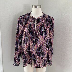 Rose+Olive Womens Large Multicolor Paisley Long Sleeve Blouse Smocked Boho Shirt